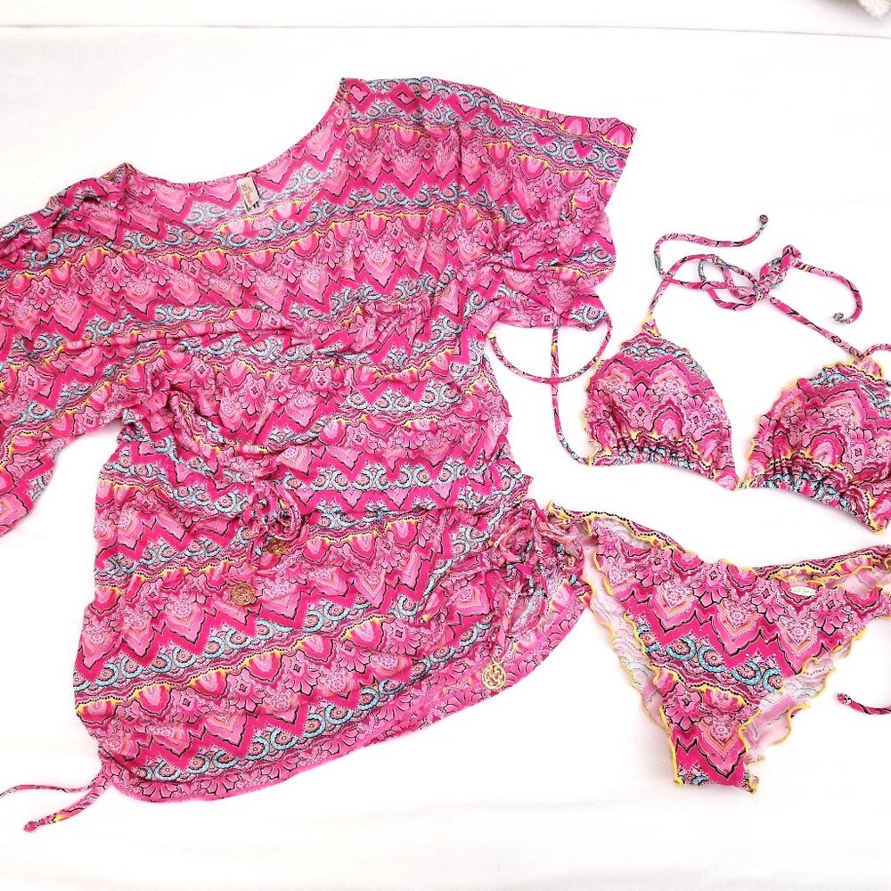 Luli Fama Hot Pink & Turquoise Summer Fling Bikini Set with Cover Up Mini Dress